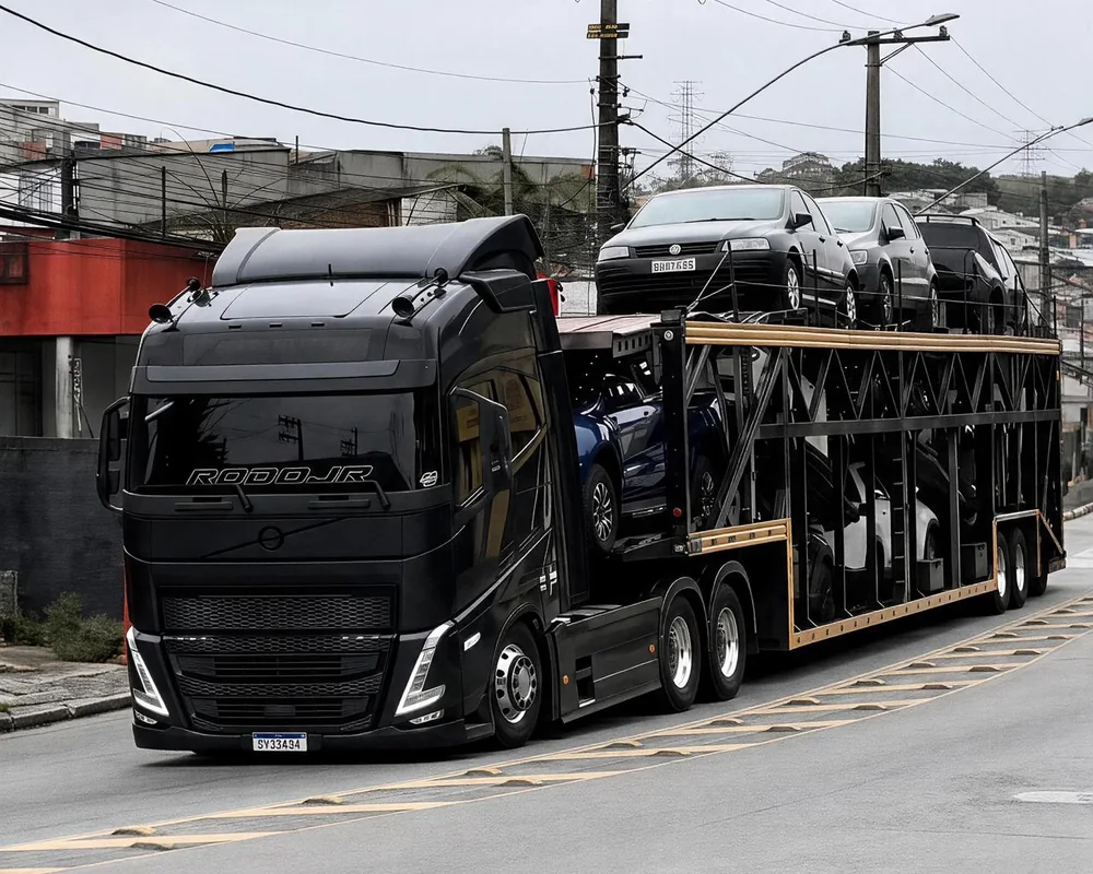 Cegonha em operação de transporte de veículos