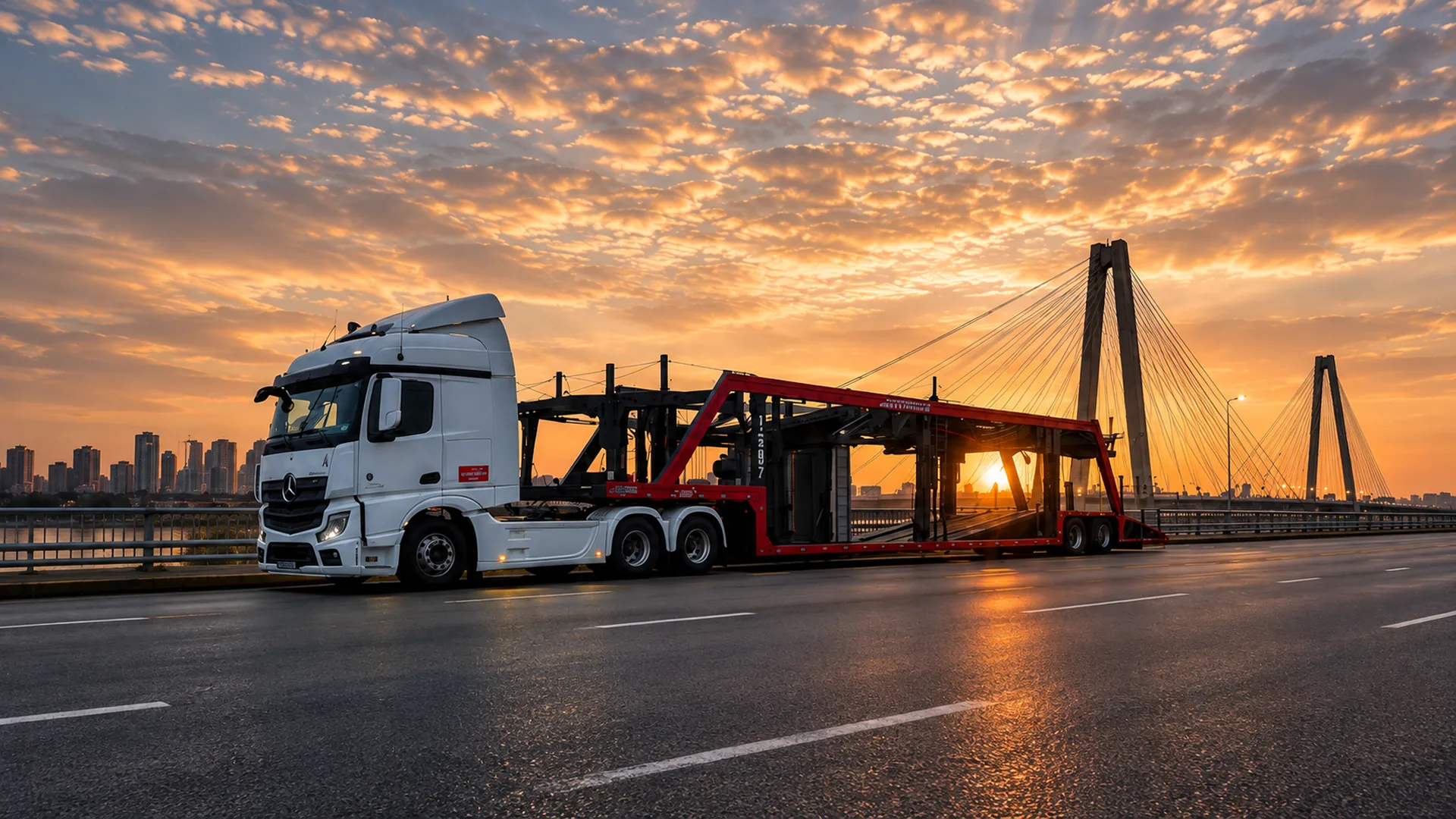 Cegonha da Vix Transportes na estrada ao amanhecer, pronta para carregar veiculos